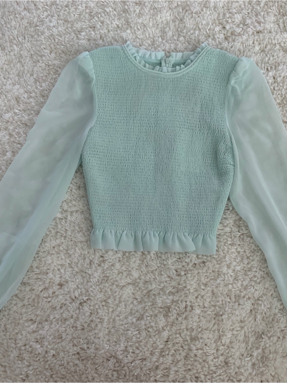 Aritzia Wilfred Mint Green Smocked Long‑Sleeve Crop Top